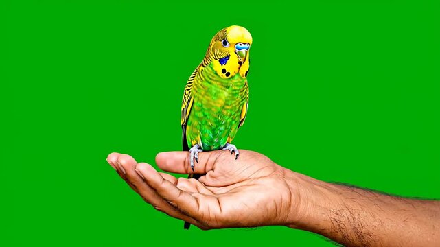 A small green and yellow parakeet perched on a persons hand against a vibrant green background.