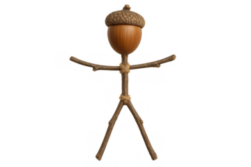 Stick figure character features a real acorn head and rustic branches for its body, crafted from natural elements