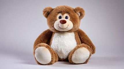 Cuddly brown stuffed bear toy sits against a soft gray background