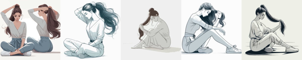  VECTOR OF WOMAN SITTING WITH TYING HER HAIR ON WHITE BACKGROUND