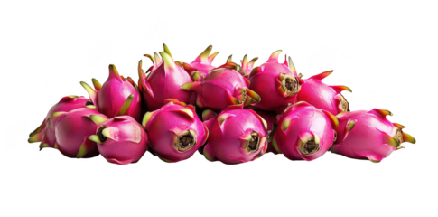 A arrangement of fresh dragon fruit piled together. their bright pink skin and green tips. set against a clean white background. ideal for food photography and healthy eating concepts