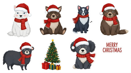 Merry Christmas! Cute animals wearing Santa hats with gifts – Festive holiday illustration