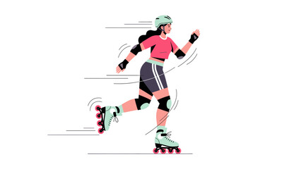 Fototapeta premium Illustration depicting a woman in motion rollerblading vigorously on a white background