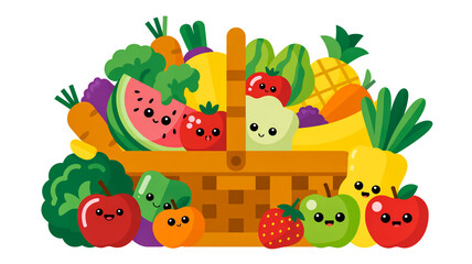 Fototapeta premium A digital illustration of a full fruit and vegetable basket with a brown woven basket handl