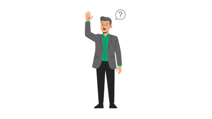 A business man with question mark symbol, asking a question, raising hand in business