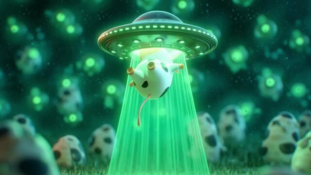 A cute cartoon cow is being abducted by a UFO in a field of other cows.
