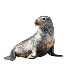A serene seal resting on a smooth surface. its unique markings and posture. with a soft focus background that suggests a tranquil marine environment