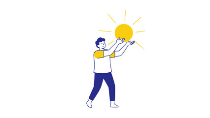 Illustration of a man reaching out to the sun, a symbol of optimism and happiness