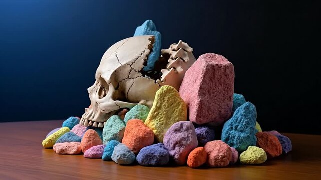 Primal Stone Pile: A striking assemblage of multi-colored stones encircle a weathered skull, hinting at the history and mystery of time.