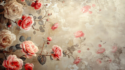 Elegant vintage floral wallpaper featuring a soft fabric-like texture, ideal for classic interior design searches and romantic d&eacute;cor inspiration.
