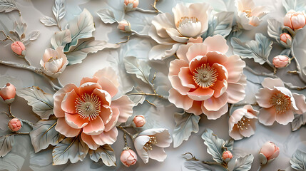 Elegant 3D textile wallpaper featuring layered embossed floral patterns, ideal for luxury interior design searches and decorative wall inspiration.
