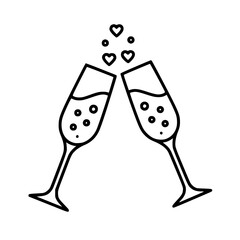 Romantic Champagne Toast Icon: Clinking Flutes with Hearts and Bubbles Line Art