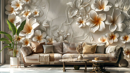 3D Textile Wallpaper with Layered Embossed Floral Design
