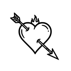 Traditional Black Outline Tattoo Style Flaming Heart Pierced by Cupid's Arrow