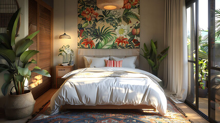 Stylish bedroom highlighted by a statement textile wallpaper, ideal for interior design searches and bold bedroom d&eacute;cor inspiration.
