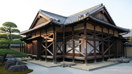 Traditional Japanese wooden building with classic architecture and serene garden.