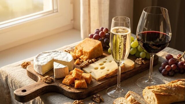 A gourmet cheese board with assorted cheeses, grapes, and walnuts. Paired with red and sparkling wine for a romantic tasting. Appetizer spread for a celebration