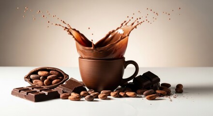A cup of hot chocolate with splashes of cocoa and almonds on a white table.