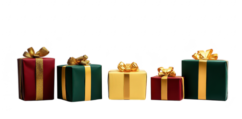 A festive arrangement of colorful gift boxes in red. green. and gold. neatly placed on a clean white background. ideal for holiday celebrations and seasonal promotions