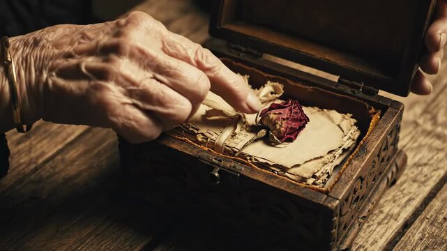 Top view of elderly hands opening a wooden box with old love letters and dried rose. Concept of memories, nostalgia and the past.