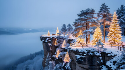 Snowy cliffside christmas scene with illuminated trees and mountain view