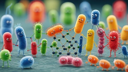 A Lively Gathering of Cartoon Microbes