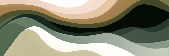 Abstract wavy layered design featuring various shades of green, beige, and brown in a flowing composition