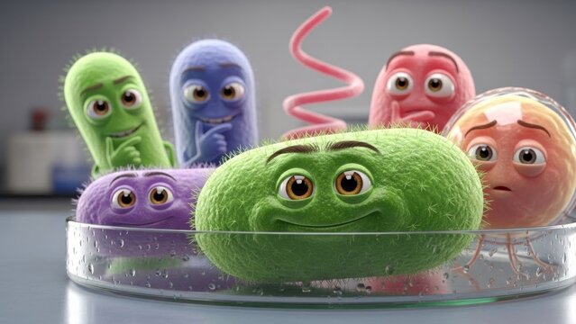 A Group of Cute 3D Cartoon Bacteria Characters in a Petri Dish