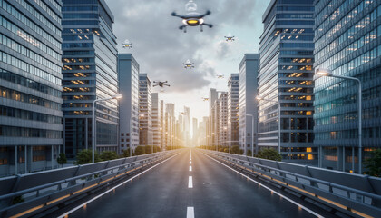 Obraz premium The dawn of a new era with autonomous drones flying through a futuristic city's empty streets and towering buildings