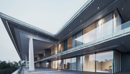 Modern architectural residence with sleek lines and a captivating glass facade, illuminated at dusk to reveal luxurious interiors and a sophisticated contemporary design