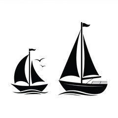 Two black sailboats gliding on water with birds flying above