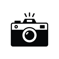 Simple black and white illustration of a vintage camera with a flash