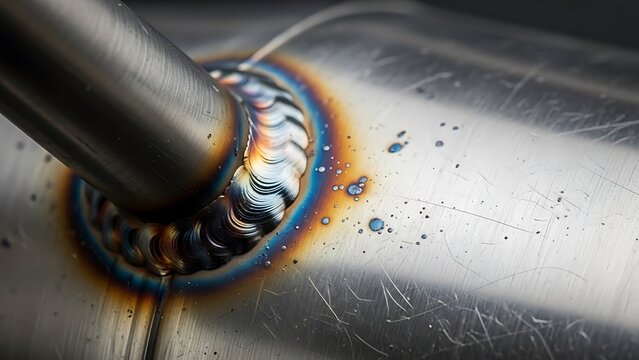 Close-up of expertly welded stainless steel tubing with rainbow oxidation