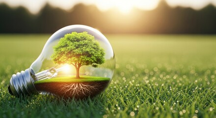 A light bulb with a green tree inside, placed on a grassy field with a sunset in the background.