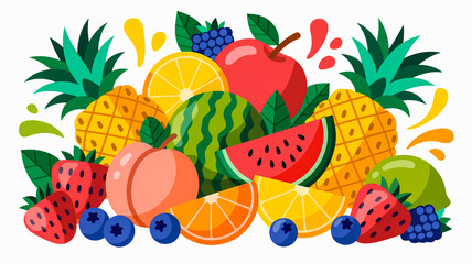 A vibrant digital illustration of fresh fruits arranged in a colorful composition against a white background.
