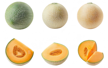 A display of whole and sliced melons their textured skin and juicy interior. set against a clean white background. ideal for food photography or marketing materials