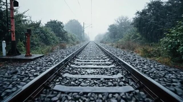 Mysterious Tracks Leading Into The Distance Through Lush Greenery and Overcast Moody Atmosphere