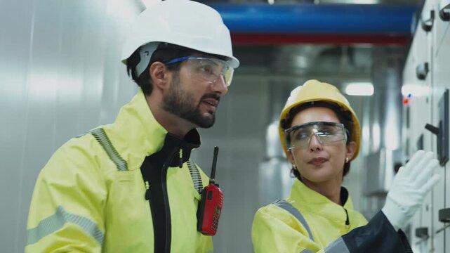Team Coordinates HVAC System Check Two industry professionals working in coordination to inspect and verify the function of the complex air control system