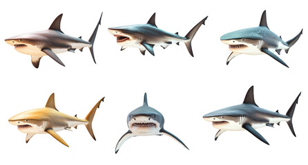 A collection of six stylized shark illustrations different species with varying colors and expressions. ideal for educational materials or marine-themed designs