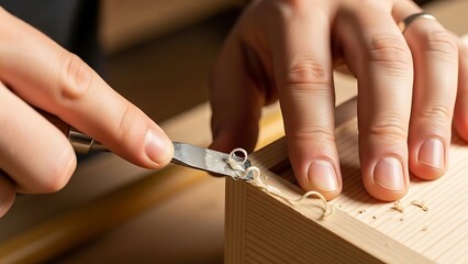 Obraz premium Artisan Carefully Carving Wood with Chisel, Fine Craftsmanship at Work