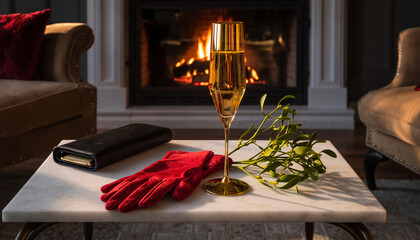 Champagne Glass with Red Gloves and Mistletoe by a Fireplace