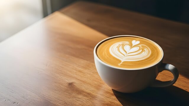 Warm morning coffee moment with beautiful latte art in a white mug on a sunlit wooden table, perfect for a cozy break