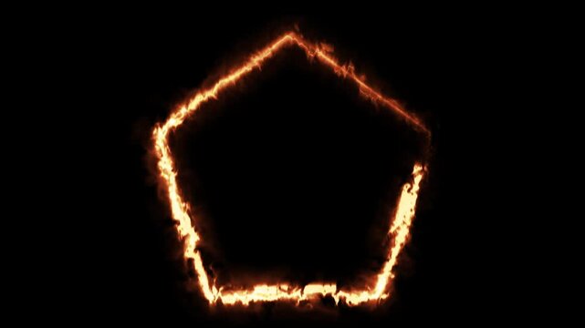Fiery Pentagonal Shape With Glowing Edges And Dynamic Flames Against Black Backdrop