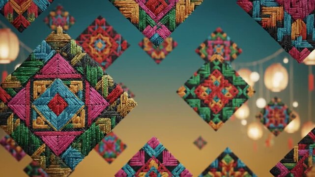 Hmong New Year Background with Floating Embroidered Textile Motifs and Soft Festive Lantern Glow