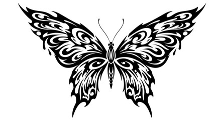 Obraz premium Intricate black and white tribal butterfly design with ornate wings and delicate antennae, rendered in a stylized, decorative art style.