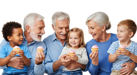 Joyful multi-generational family celebrating a happy occasion together with cupcakes, isolated on transparent background