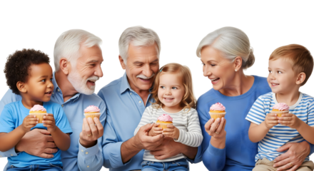 Joyful multi-generational family celebrating a happy occasion together with cupcakes, isolated on transparent background