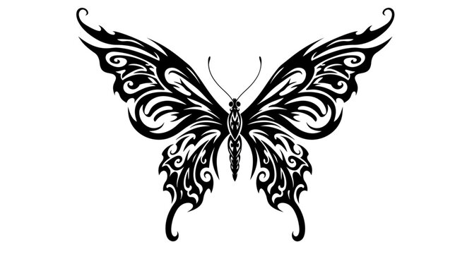 An elegant black tribal butterfly illustration with intricate decorative wing patterns, rendered as a scalable vector graphic for versatile design projects.
