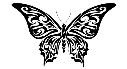 Symmetrical Tribal Butterfly Design: Black and White Ornate Vector Silhouette with Stylized Swirling Wing Patterns.

