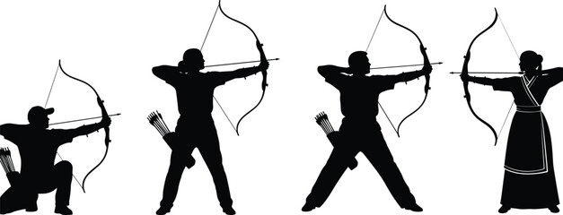 Archer silhouette collection, traditional bow and arrow shooting poses, male and female archery figures, isolated black vector illustration set © Farzana
